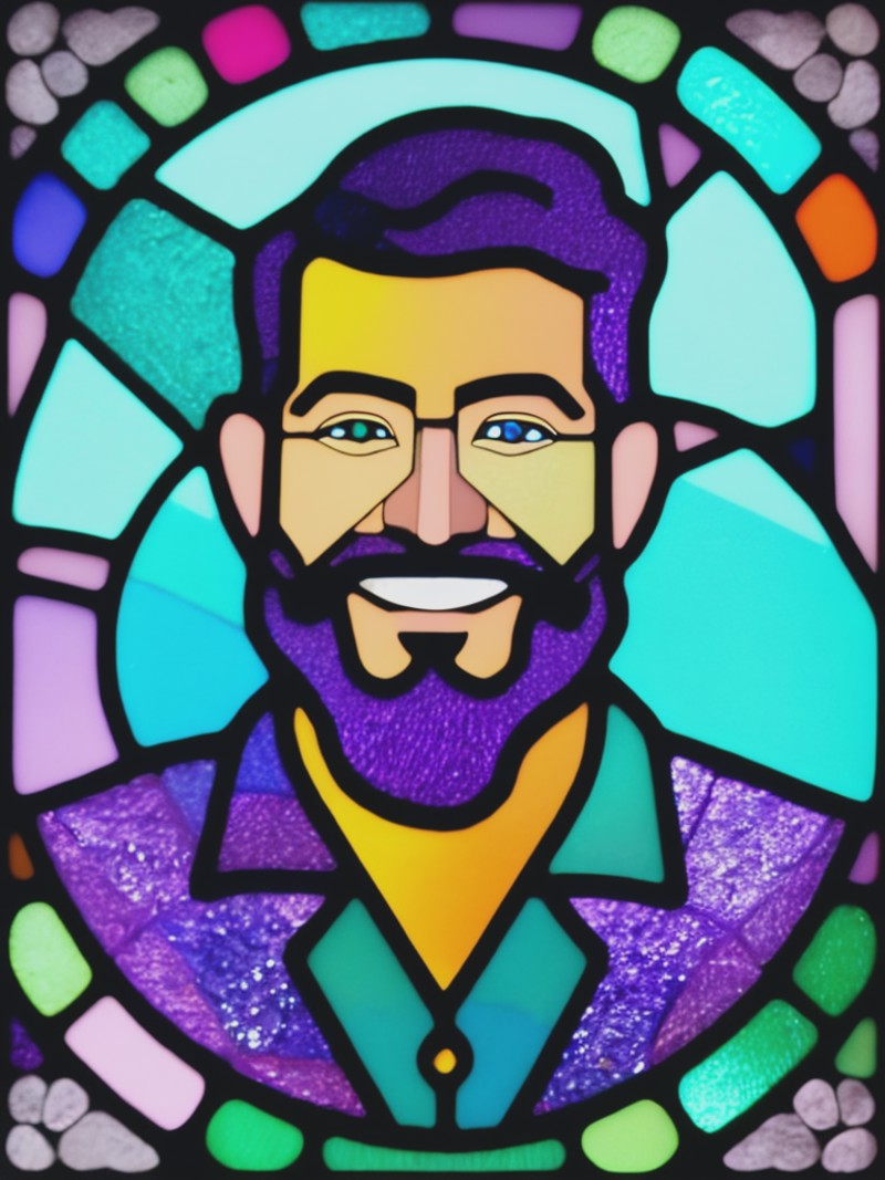 <lyco:StainedGlassPortrait:1.0> a stereo man smiling, style stained glass colors google logo on the top turquoise and purp...